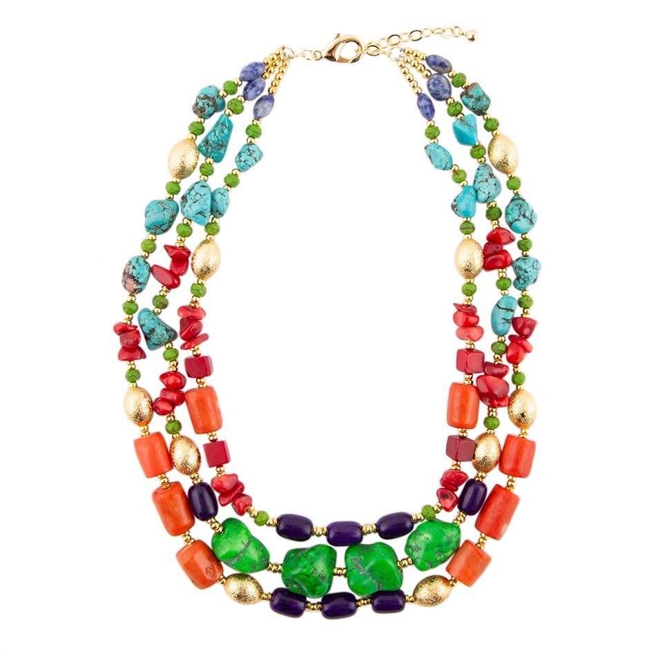 Zion Multi-Color Triple Strand Golden Statement Necklace