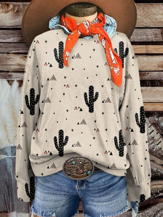 Women's Vintage Western Casual Print Corduroy Sweatshirt