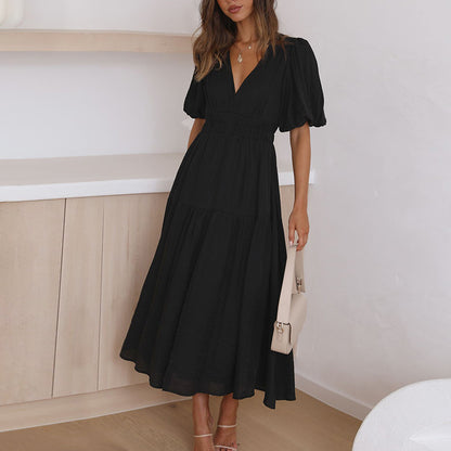 New Luxury Holiday Style Deep V Puff Sleeve Dress