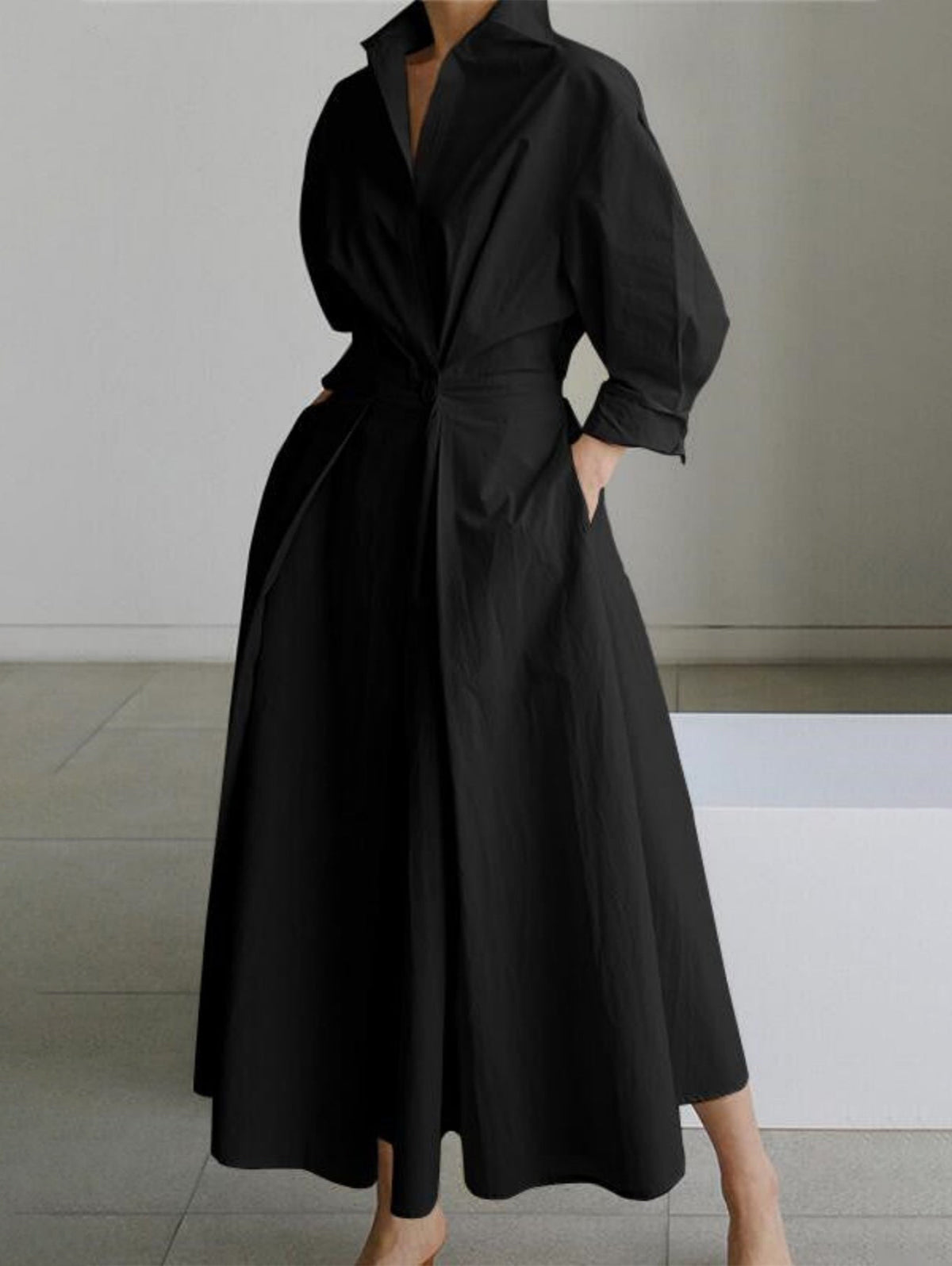 Elegant Pocket Button Lapel Collar Fold Solid Midi Dress