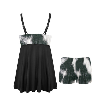 Black and White Cow Hide Swim Dress & Shorts Set