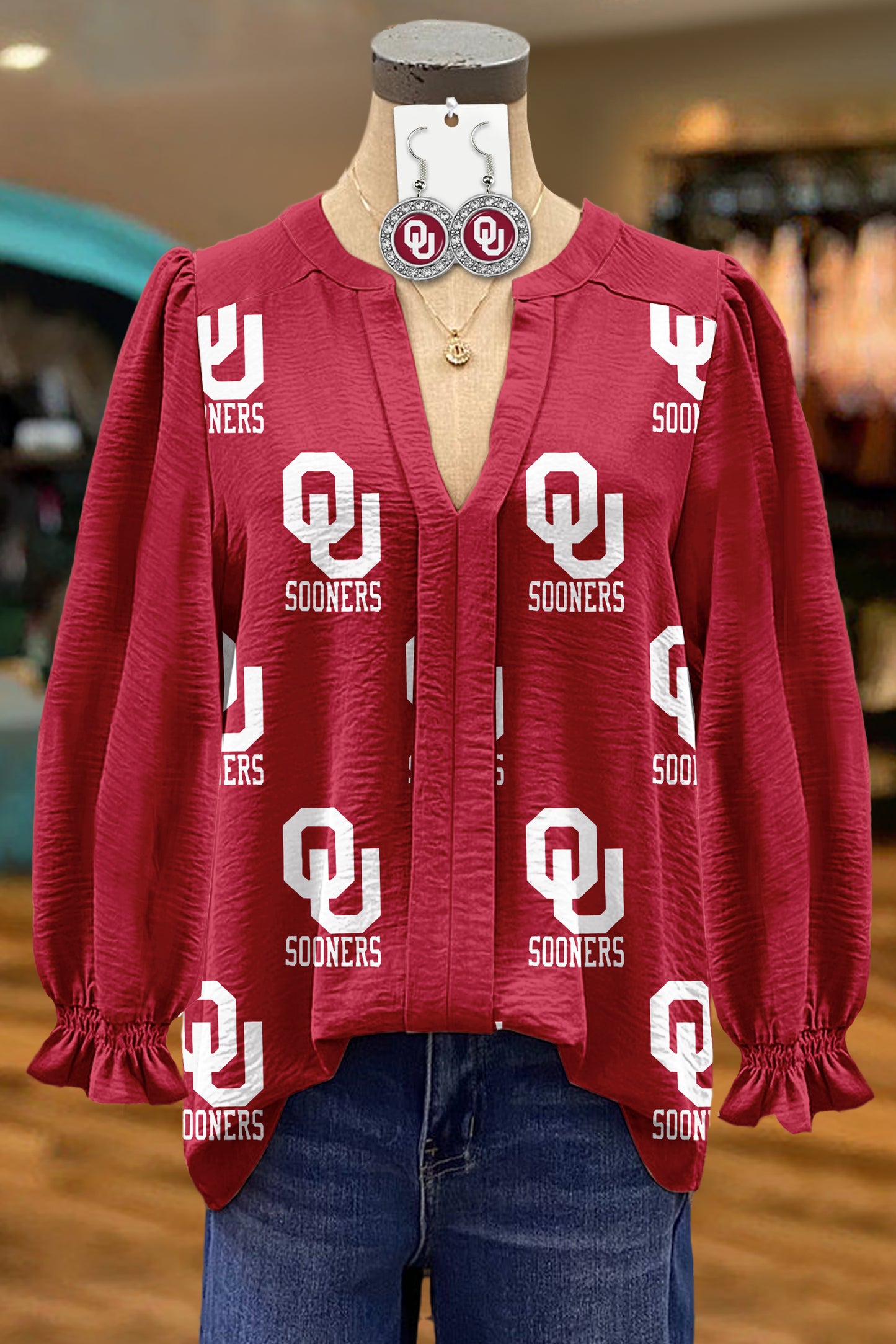 Classic Oklahoma Sooners Print Textured Fabric Blouse