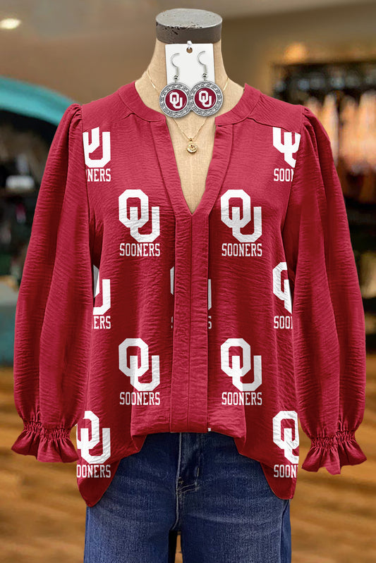 Classic Oklahoma Sooners Print Textured Fabric Blouse