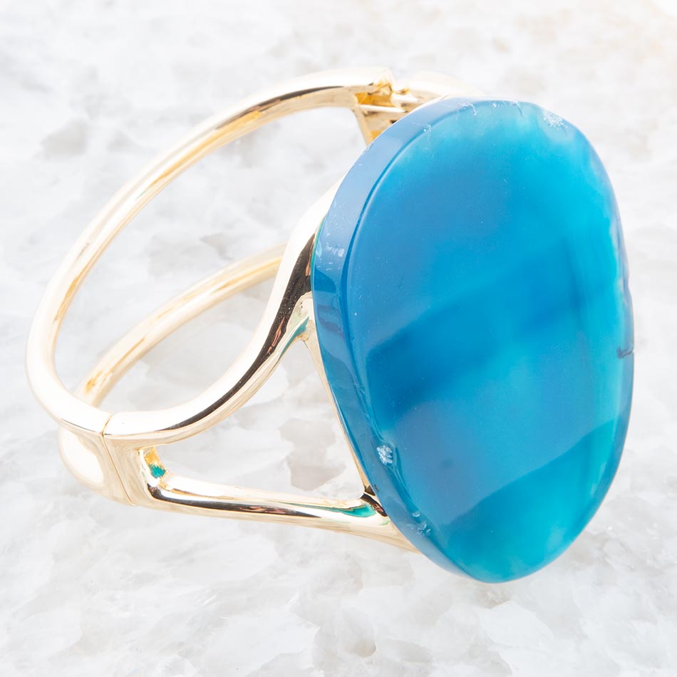 Cobalt Blue Agate Slab Cuff Golden Bracelet