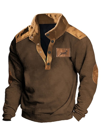 Men's Western Style Elk Print Deerskin Velvet Patchwork Stand-Collar Sweatshirt