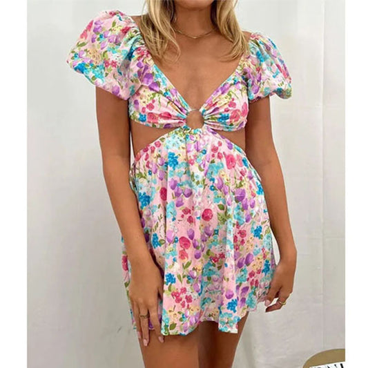 Cutout Colorful Flower Print Mini Dress