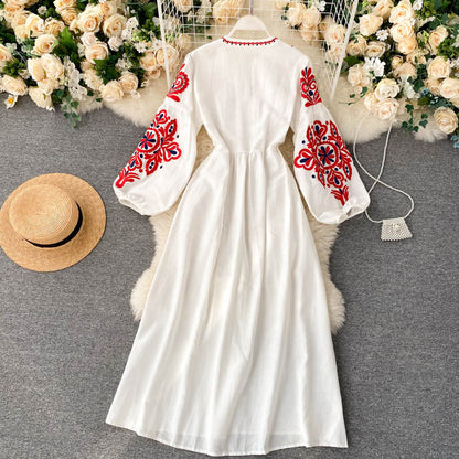 Bohemian Ethnic Style Embroidered Flower Round Neck Lantern Sleeve Long Dress Dresses