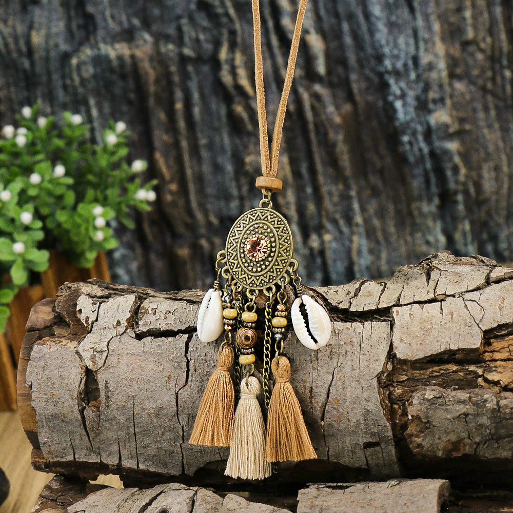 Bohemian Wood Tassel Design Distressed Vintage Necklace