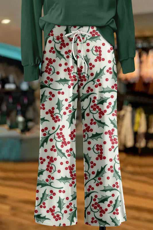 Christmas Holly Print Wide Leg Pants