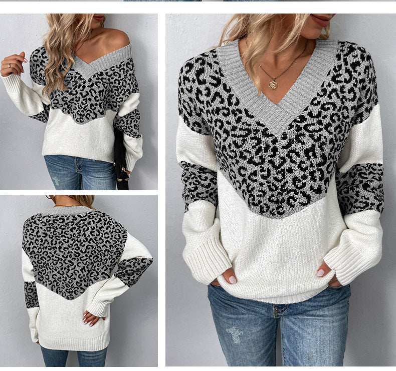 Women's V-neck Pullover Contrasting Leopard Print Sweater