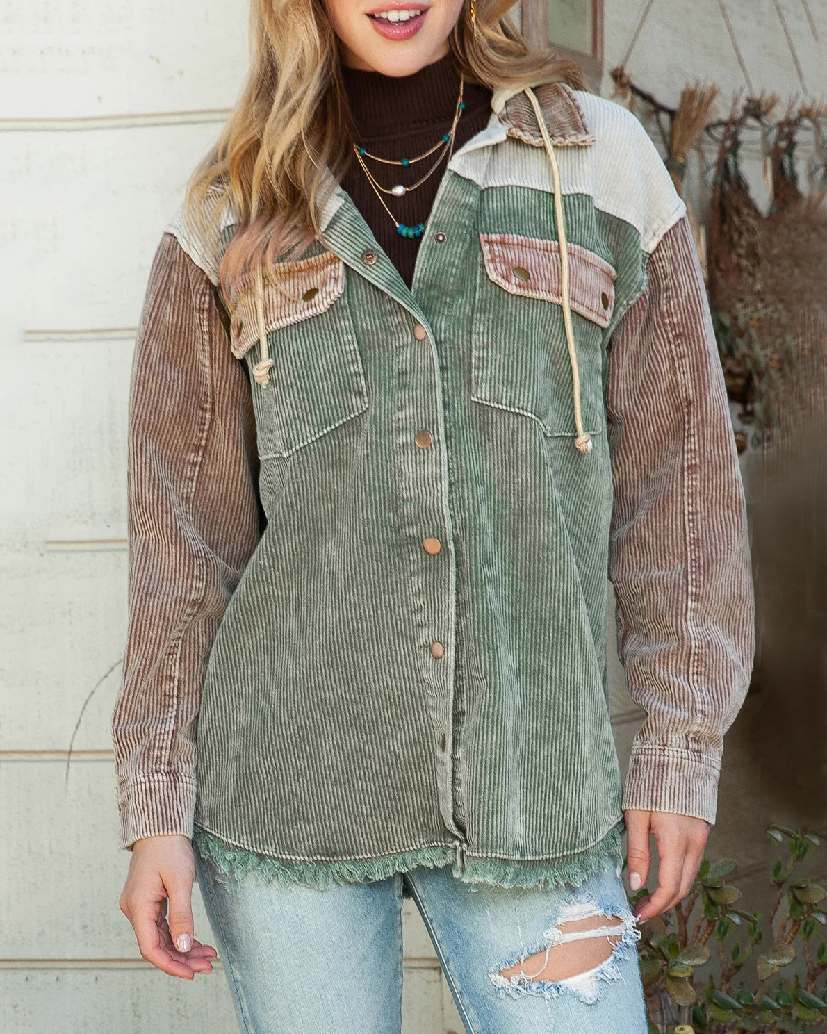 Casual Patchwork Hooded Corduroy Jacket