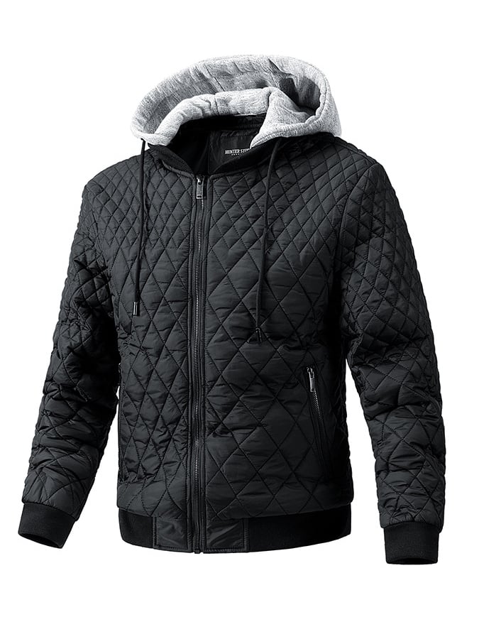 Men's Fall/Winter Casual Zip Up  Quilted Plaid Detachable Hat Puffer Jacket