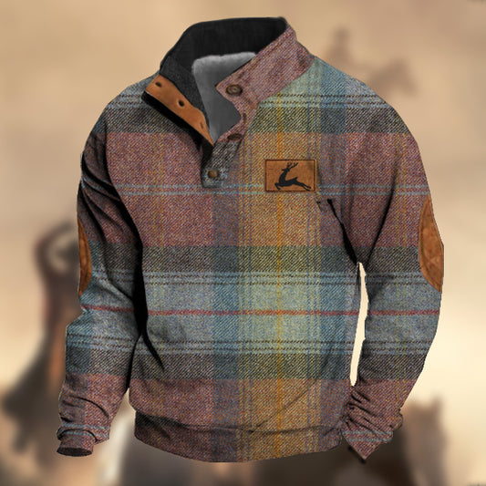 Men's Vintage Country Western Hunting Elk Pink Blue Wool Plaid Print Stand Collar Sweatshirt