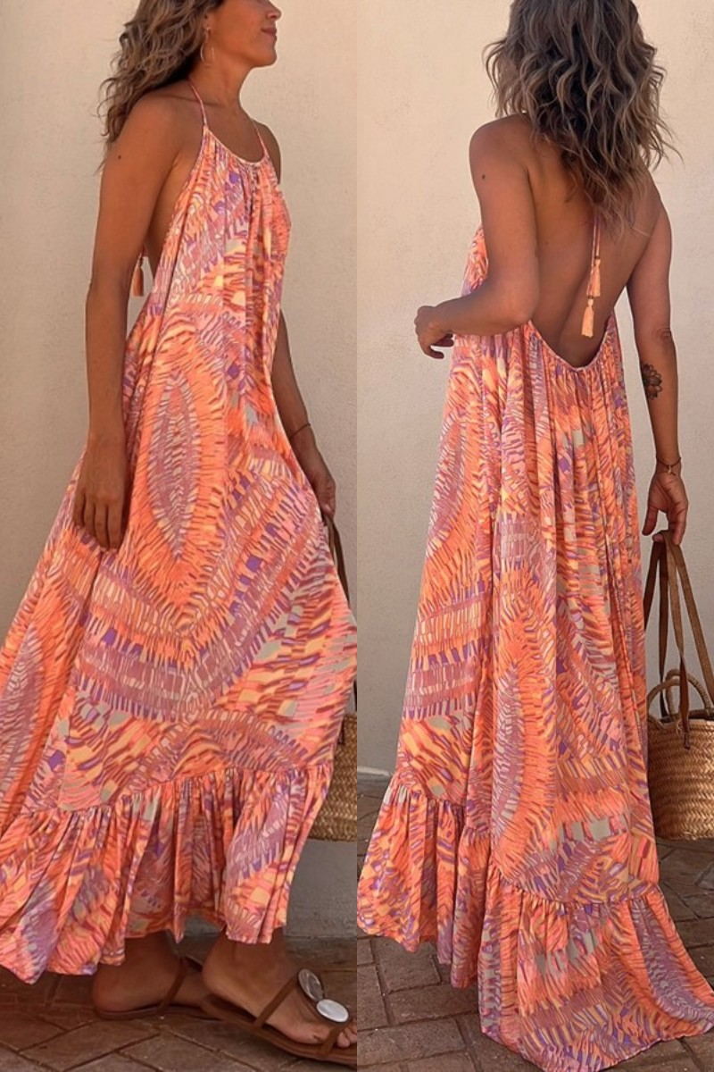 Sunita Ethnic Print A-line Halter Tassel Vacation Maxi Dress