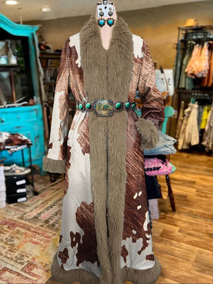 Women's Vintage  Printed Fur Patchwork Suede Long Afghan Coat