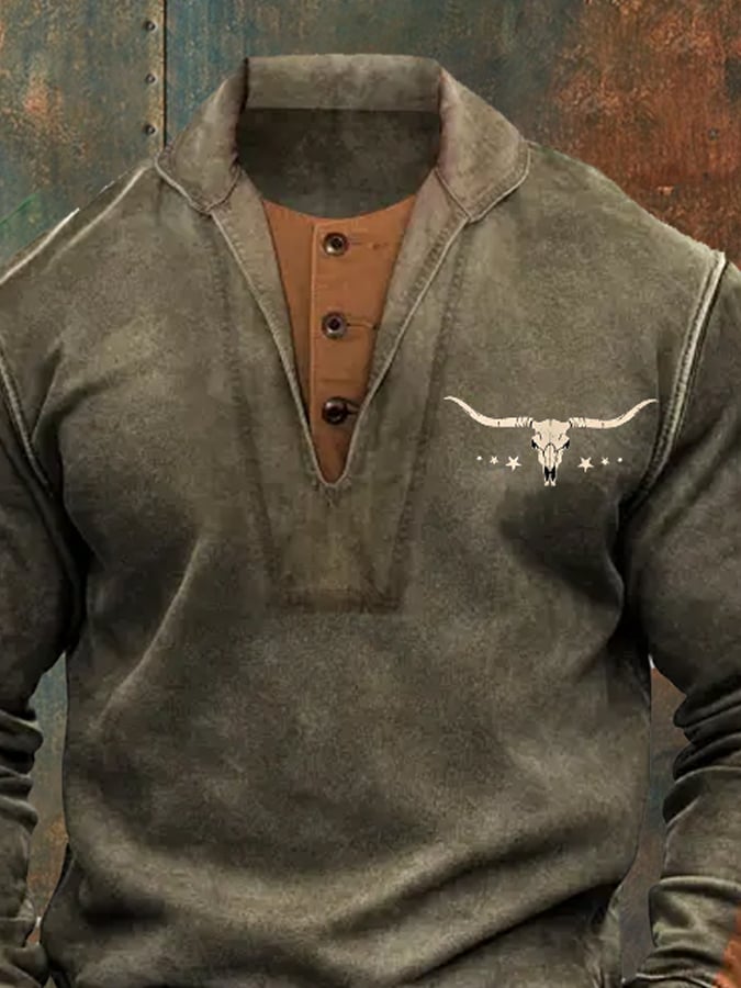 Men's Retro Western Bull Skull Lapel Sweatshirt