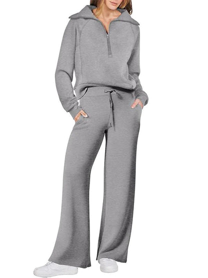 Women's casual sports suit zippered long-sleeved sweatshirt wide-leg pants two-piece set