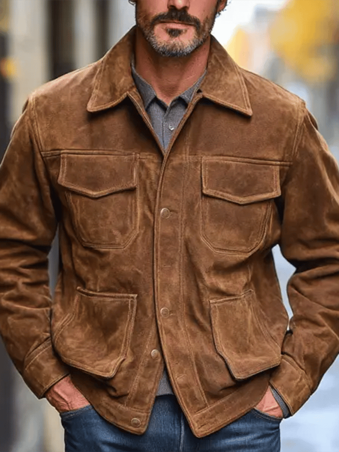 Men's Vintage Suede Multi-Pocket Lapel Outdoor Jacket