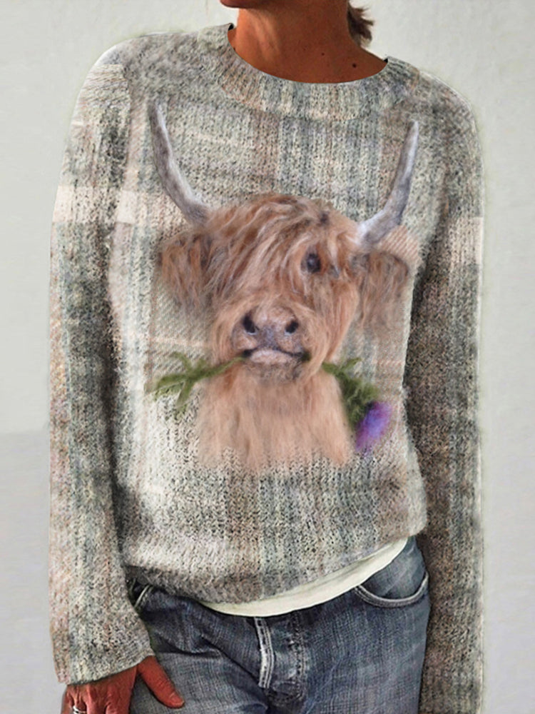 Highland Cow Greetings Wool Felt Art Crew Neck Sweater