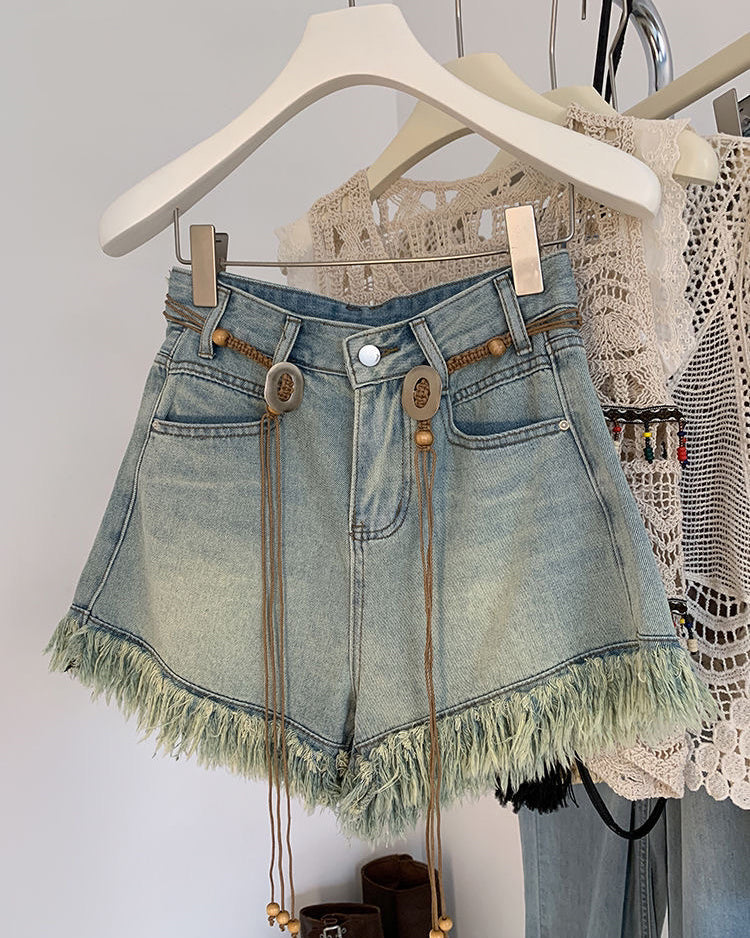 Fringed Raw Edge Denim Shorts (Without Belt)