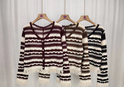 Spliced tassel Knitted Cardigan For Women, Autumn Contrast Stripes, Slimming, Hollow Short Long Sleeve Tops