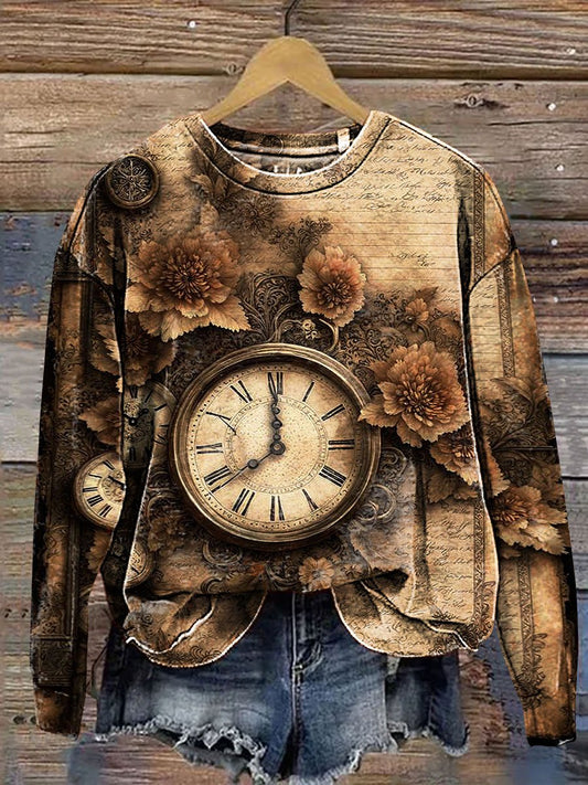 Vintage Floral Pocket Watch Art Print Casual Sweatshirt