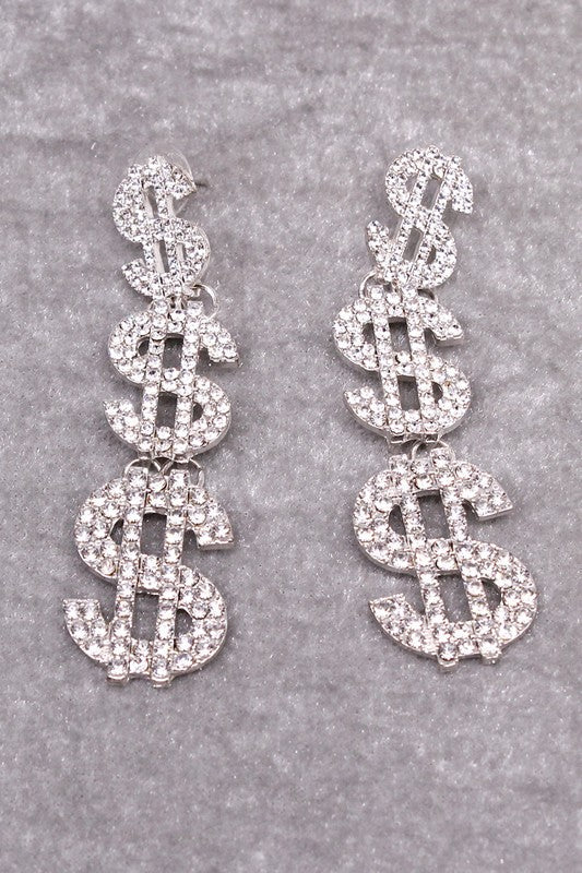 Rhinestone Money Sign Dangle Earrings choice of color