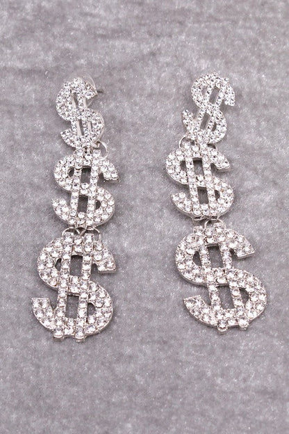 Rhinestone Money Sign Dangle Earrings choice of color