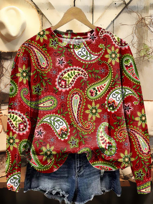 Vintage Christmas Colorway Paisley Print Casual Sweatshirt