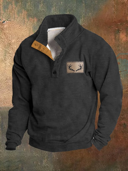 Men's Fleece Vintage Western Antler Hunting Enthusiast Stand Collar Sweatshirt