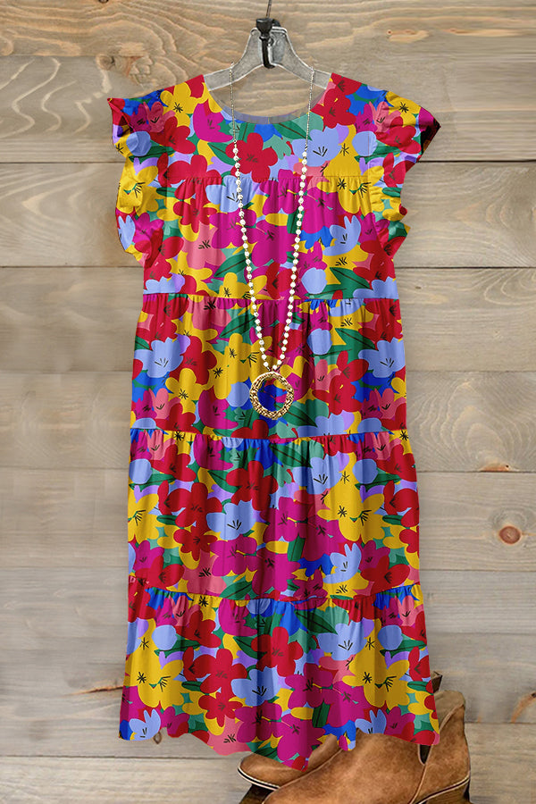 Cute Colorful Floral Print Ruffled Pleated Dress