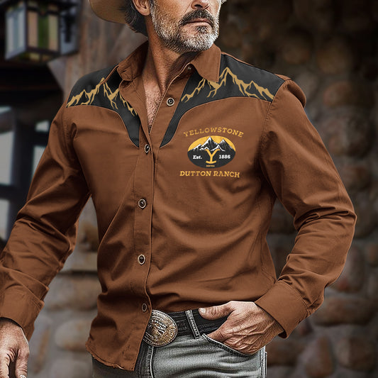 Men's Vintage Yellowstone Logo Mountain Graphic Print Long Sleeve Shirt