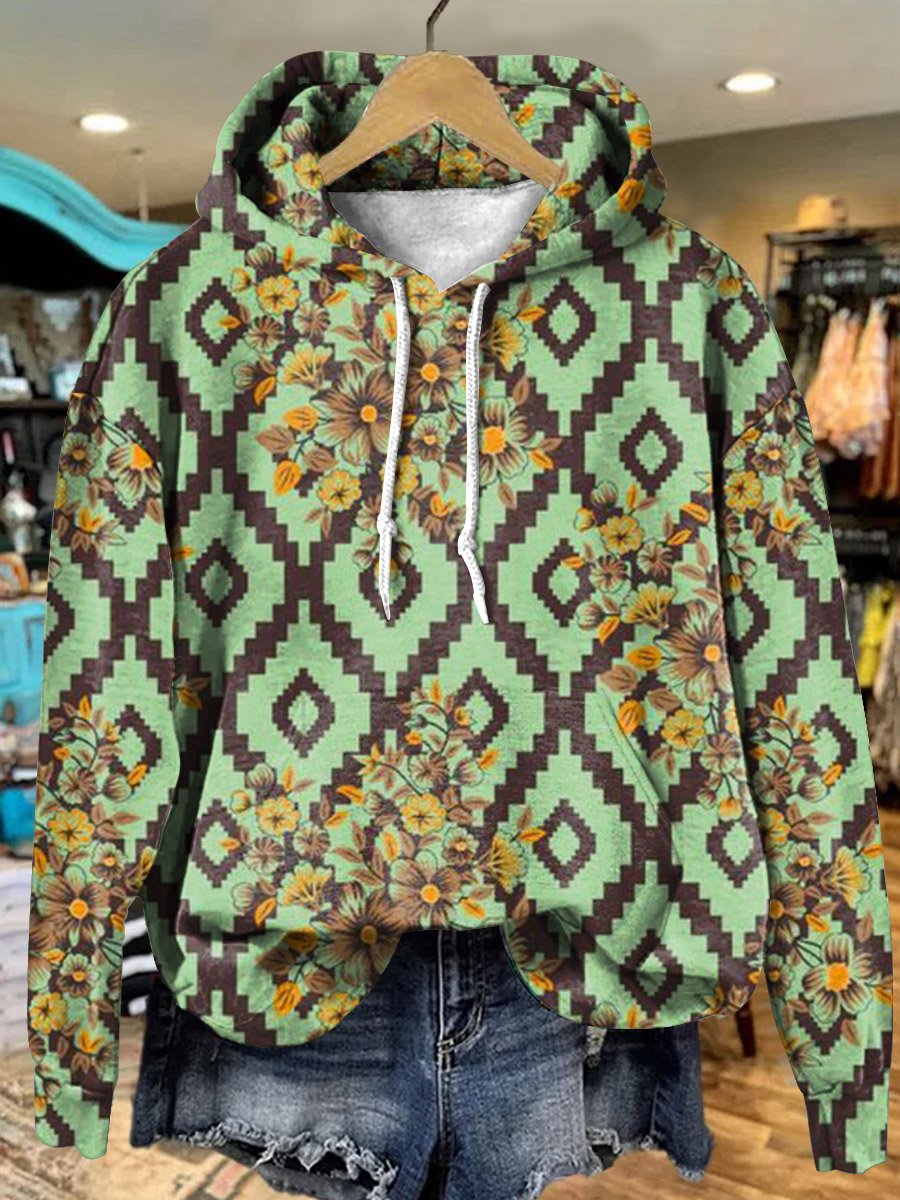 Retro Green Rhombus Flowers Art Print Casual Hoodie Sweatshirt