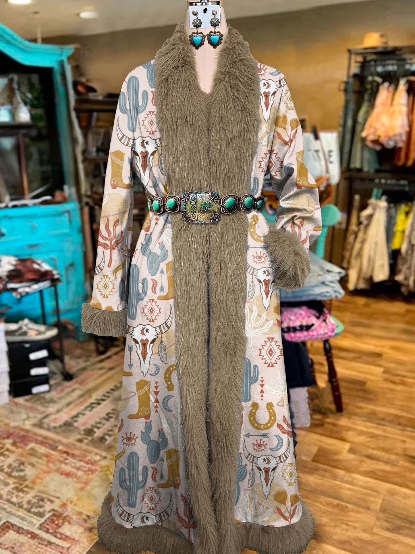 Women's Vintage Cactus Aztec Bull Head Art Printed Fur Patchwork Suede Long Afghan Coat