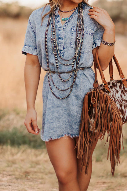 Vintage Raw Hem Short Sleeve Washed Denim Dress