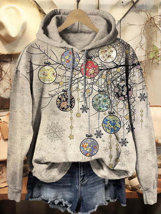 Women's Vintage Christmas Balls Art Print Casual Hooded Sweatshirt