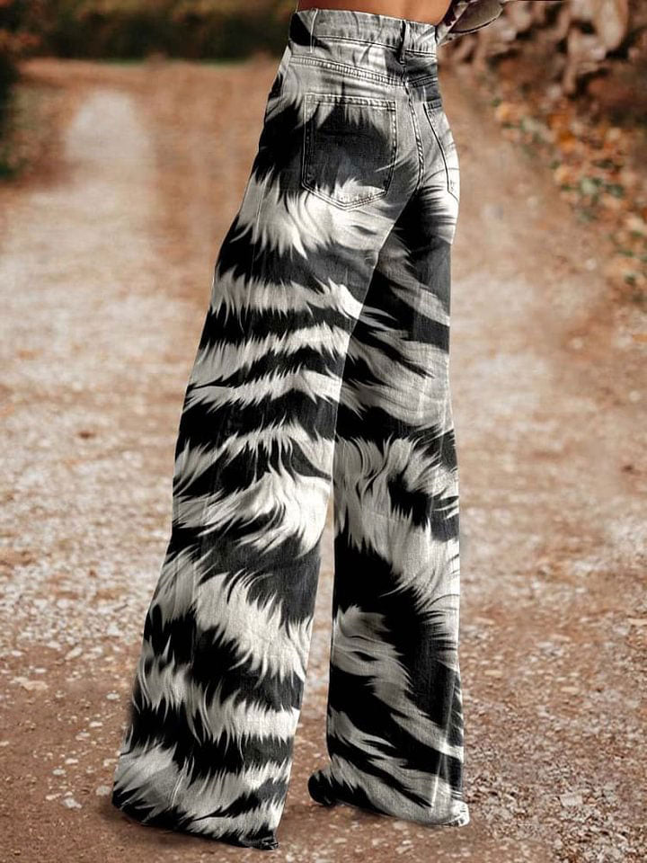 Women's Black and White Animal Pattern Print Casual Wide Leg Pants