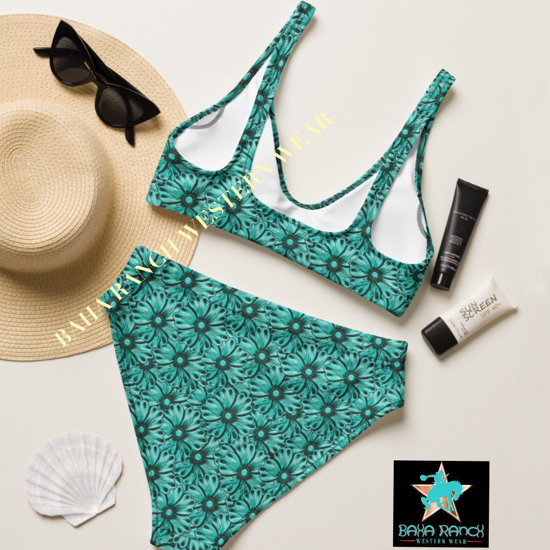 Yeehaw Turquoise Floral Leather Print Bikini