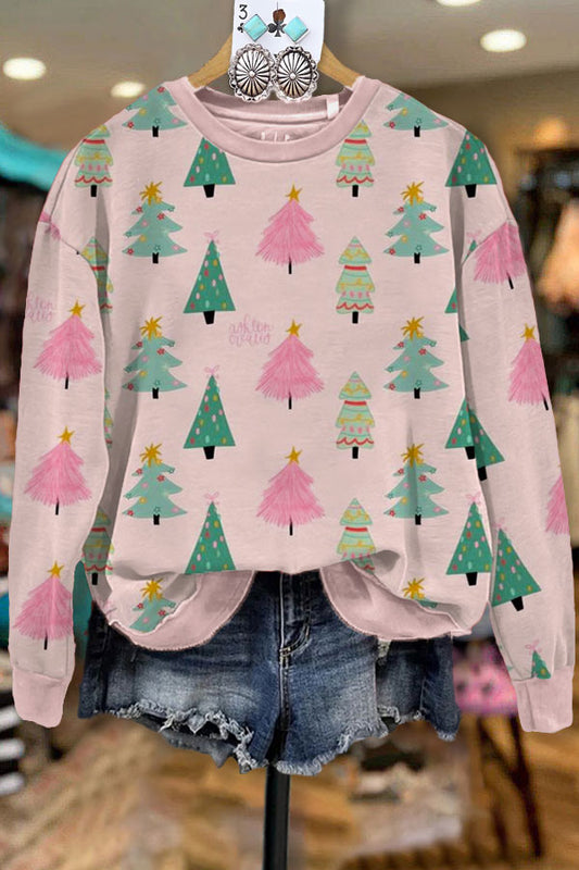 Casual Christmas Tree Print Crew Neck Sweatshirt