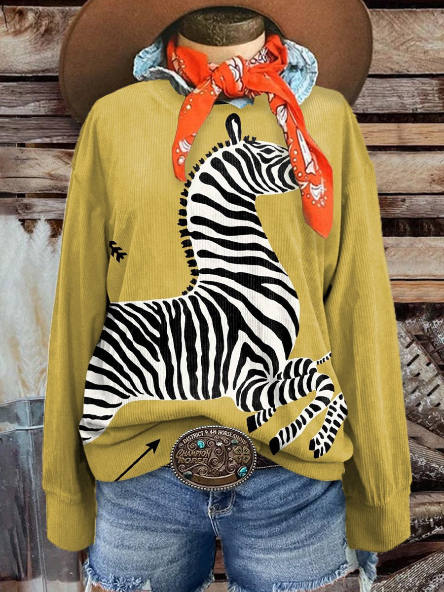 Women's Fashion Wild West Zebra Art Print Casual Print Corduroy Sweatshirt