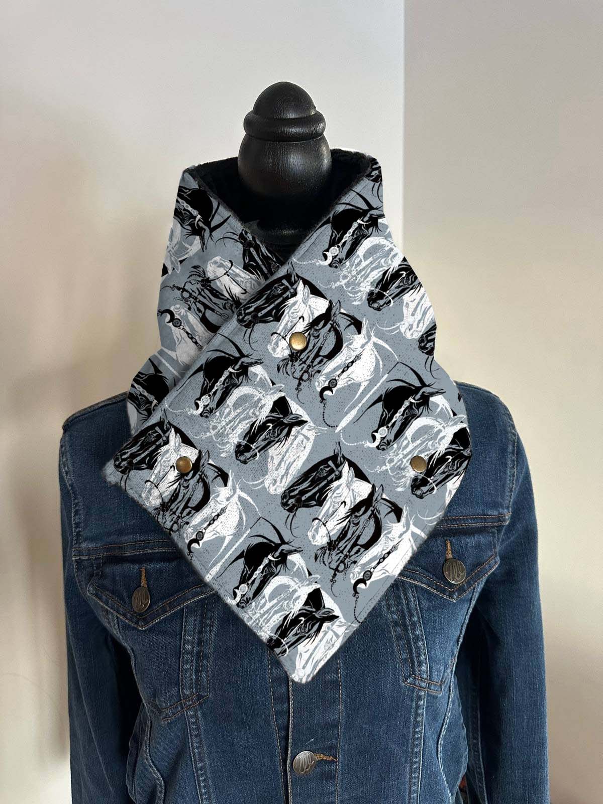 Women's Western Cowboy Black and White Horse Warm Neck Hood