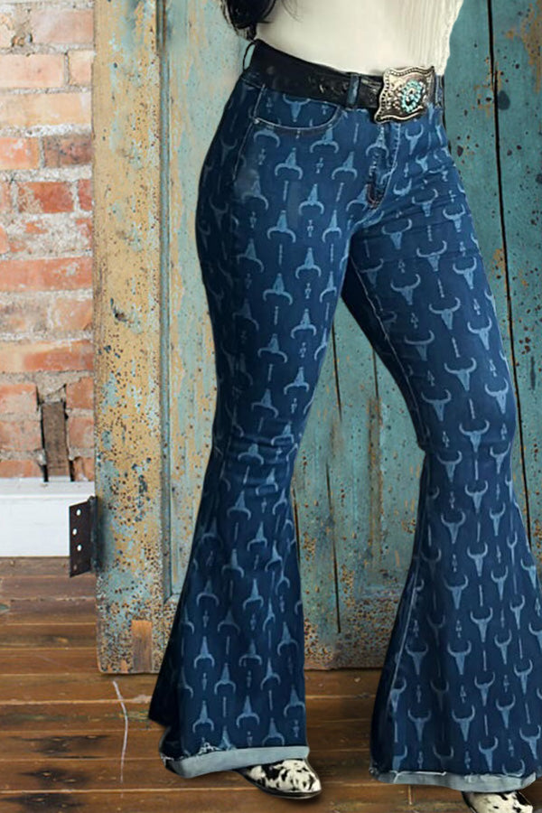 Casual Printed Denim Flared Pants