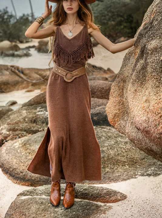 Fringe Dress Brown Boho Dress • Festive Maxi Dress • Bohemian Slip Dress with Fringe • Organic Cotton Dress • Goddess Dress