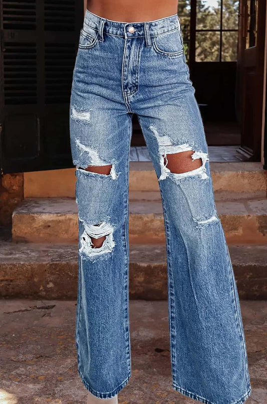 Wash Distressed Wide Leg High Waist Jeans