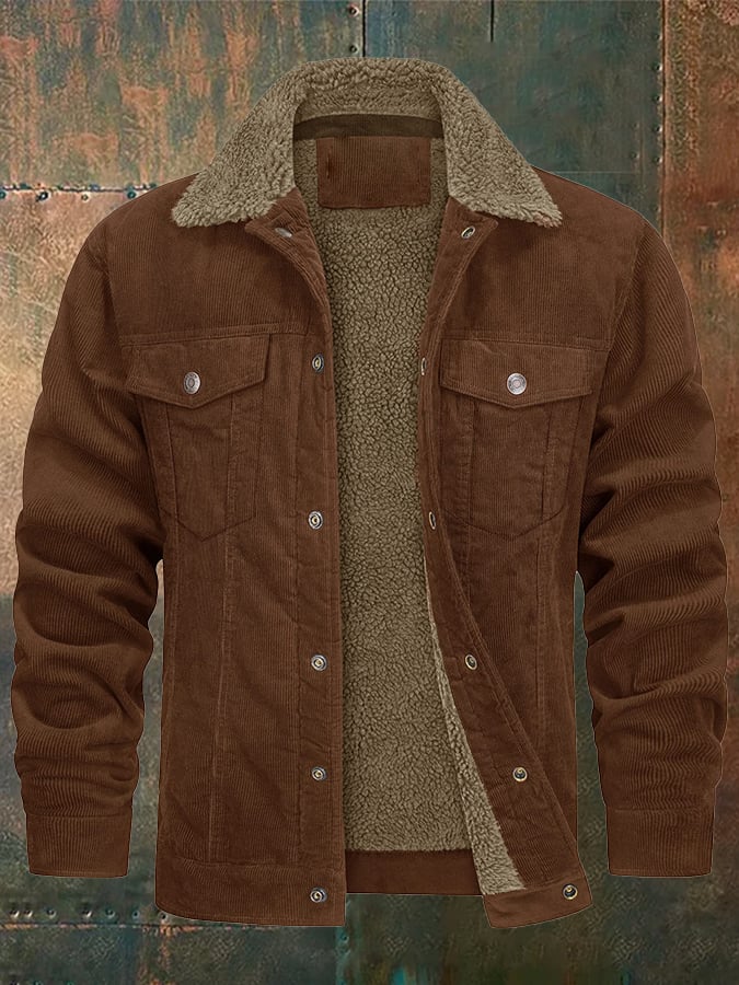 Men's Casual Fleece Lined Lapel Corduroy Trucker Jacket