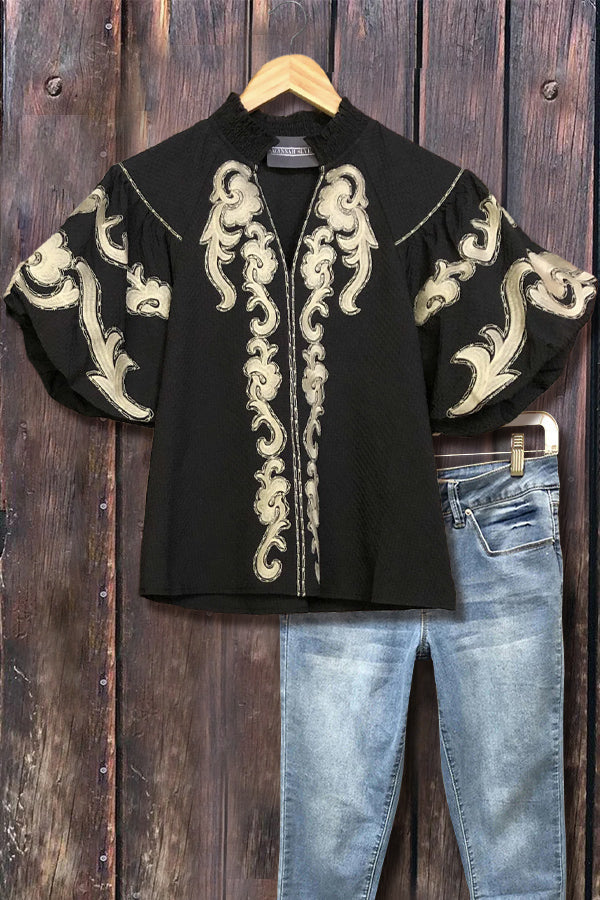 Embroidered Split Neck Puff Sleeve Top