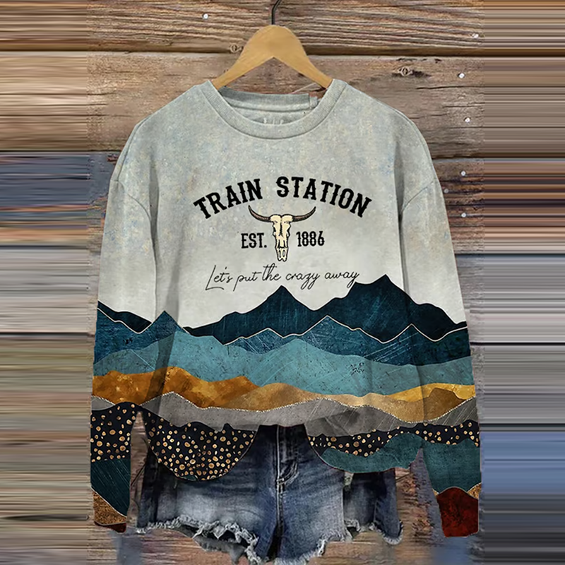 Women's Western Train Station Est. 1886 Let's Put The Crazy Away Art Print Crew Neck Sweatshirt