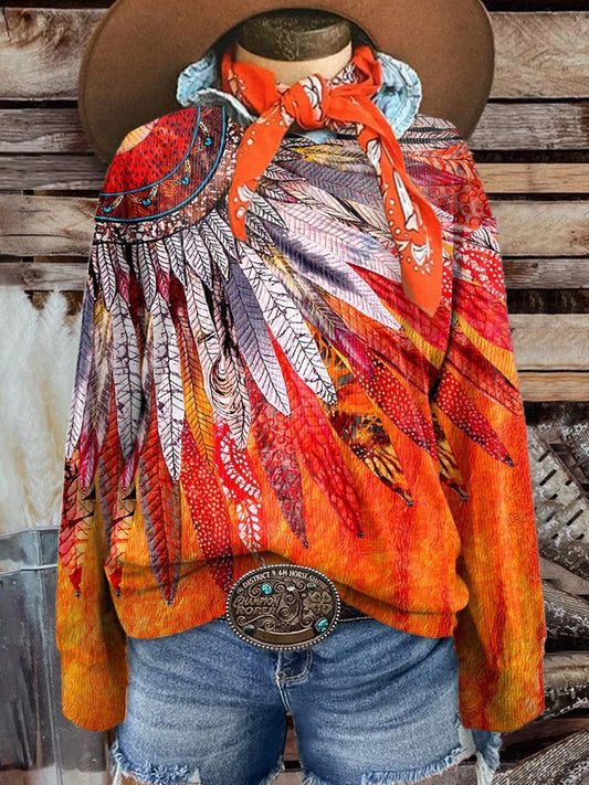 Women's Orange Vintage Ethnic Feathers Casual Print Corduroy Sweatshirt