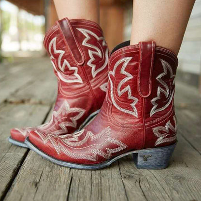 Women's Vintage Embroidered Block Heel Short Western Boots