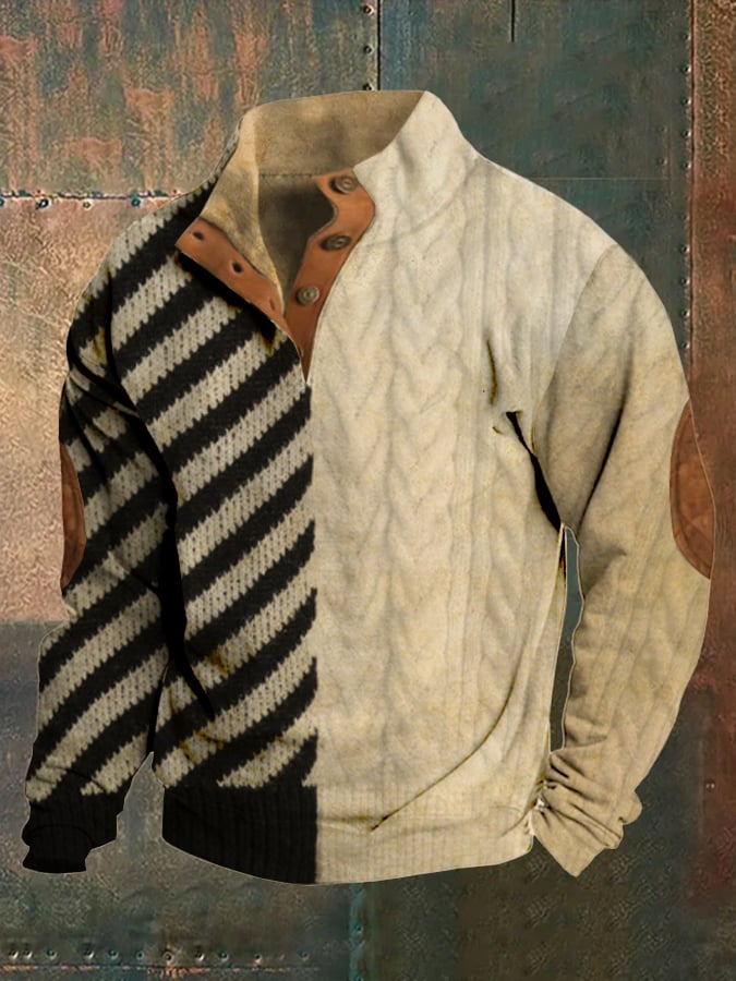 Men's Western Color Block Art Print Stand Collar Button Sweatshirt